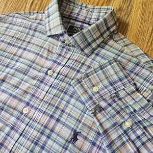 Polo Ralph Lauren Performance Wicking‎ Stretch Blue Plaid Button Up Rare Size L